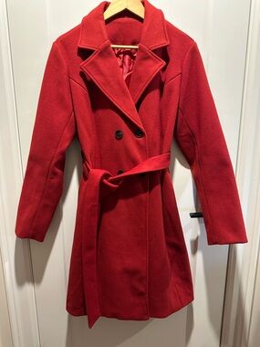 Red Double-Breasted Women's Belted Coat